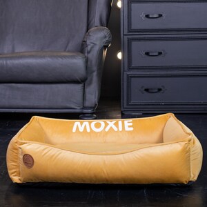 Cat Bed Furniture with name tag on it, Washable and removable cover, Calming custom modern pet/cat bed, Yellow cozy cute dog bed xs- xxl