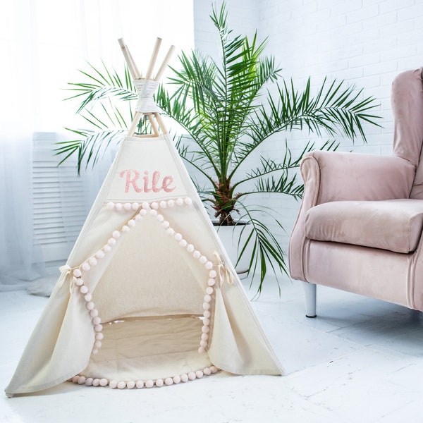 Personalized Dog Teepee, Pet Modern Cat Bed Tipi or Dog Bed Tipi  from Cotton with Pom Pom Decor wigwam, Small Medium Large Cat Teepee Tent