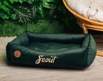 Small Dog Bed Personalized, Washable and removable cover with name tag, luxury furniture gift cat bed, Green cozy cute pet bed xs- xxl