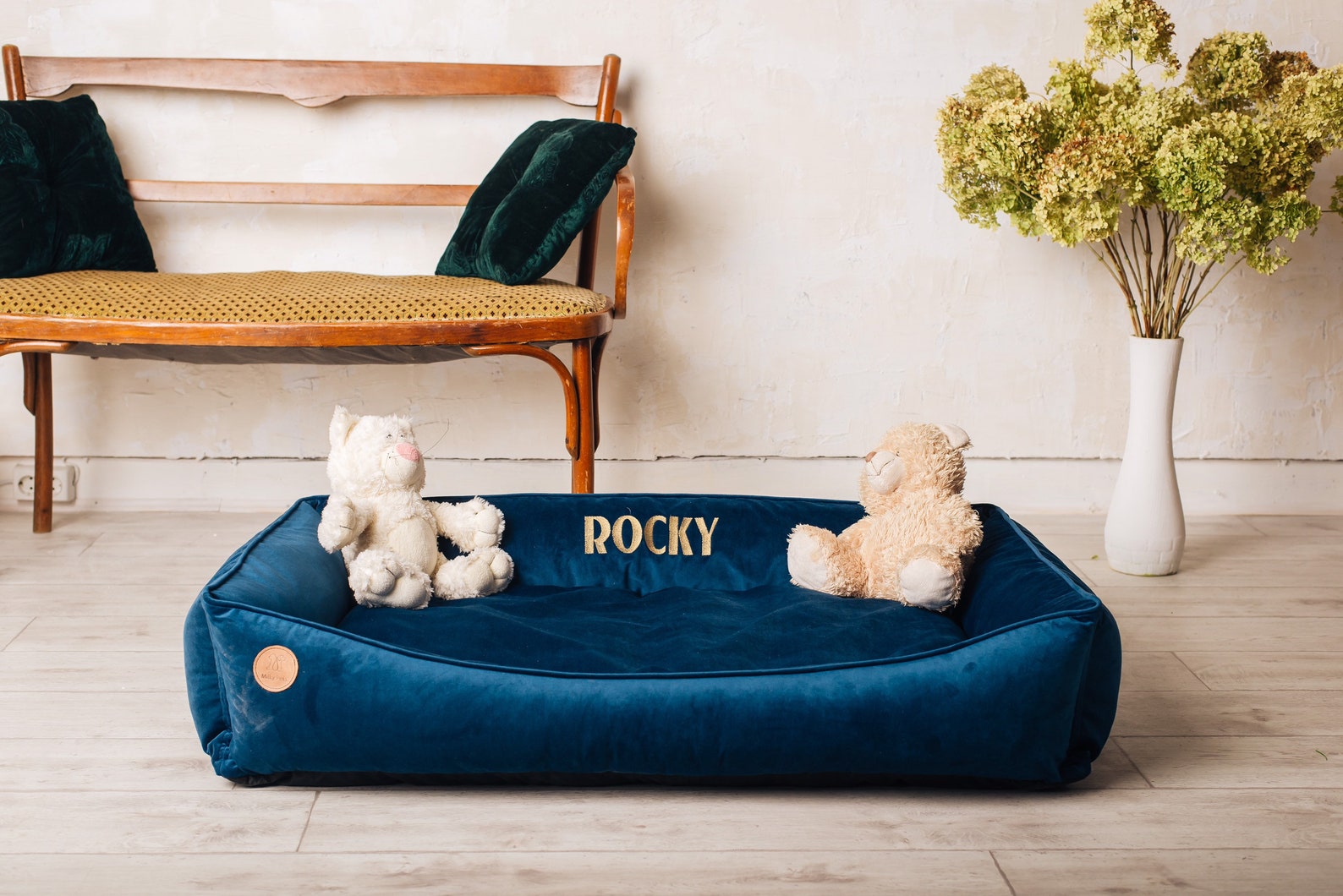 Personalized dog bed.Dog bed.Navy dog bed with gree nametag. Etsy