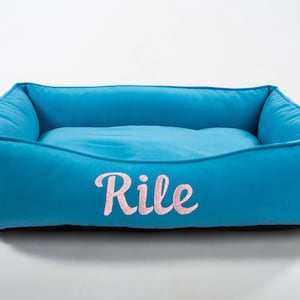 Cat Bed Furniture with name tag on it, Washable and removable cover, Calming custom modern pet/cat bed, Light Blue cozy cute dog bed xs- xxl