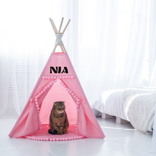 Personalized Cat Teepee, Pet Modern Dog Bed Tipi or Dog Bed Tipi  from Cotton with Pom Pom Decor wigwam, Small Medium Large Cat Teepee Tent