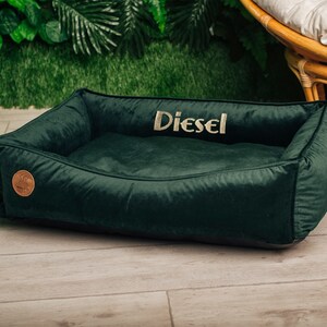 Cat Bed Furniture with name tag on it, Washable and removable cover, Calming custom modern pet/cat bed, Green cozy cute dog bed xs- xxl