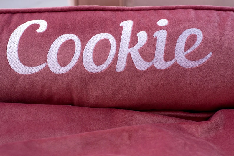 Personalized Dog Bed Back Embroidery, Washable and removable cover, Calming custom pet/cat bed, Pink small cozy furniture dog bed xs xxl image 5