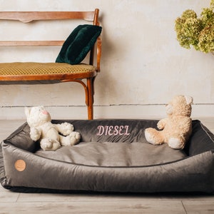 Cat Bed Furniture with name tag on it, Washable and removable cover, Calming custom modern pet/cat bed, Gray cozy cute dog bed xs- xxl