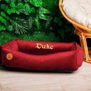 Cat Bed Furniture with name tag on it, Washable and removable cover, Calming custom modern pet/cat bed, Burgundy cozy cute dog bed xs- xxl