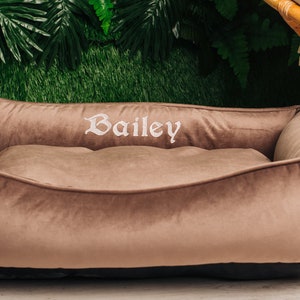 Cat Bed Furniture with name tag on it, Washable and removable cover, Calming custom modern pet/cat bed, Brown cozy cute dog bed xs- xxl
