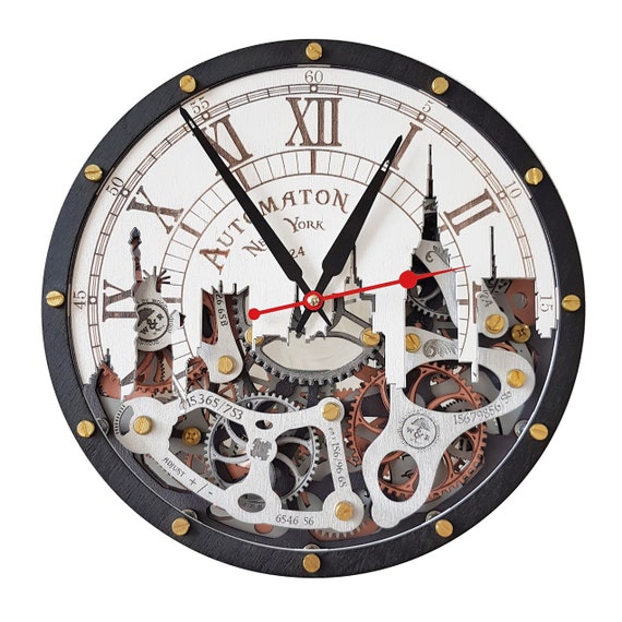 Automaton New York city skyline moving Gears wall clock, Industrial Design, Personalized Decorative Art, Custom made personalized gift