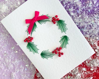 Green & Red Christmas Wreath Greeting Card // Hand sewn card, Christmas Card, Beads, Handmade, Festive, Seasons Greetings, Merry Christmas