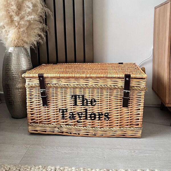 Large Wicker Hamper Basket with Lid | Custom Storage Trunk, Toy Box, Shoe Organiser | Farmhouse Home Decor