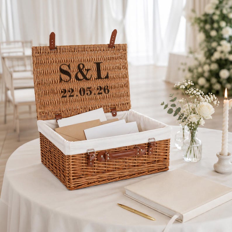 Rustic personalised wicker wedding card box with initials and cream lining, styled with white wedding flowers on an elegant reception table.