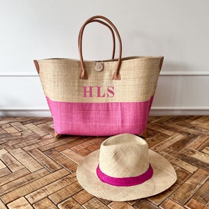 Beach Bag Tote & Matching Hat | Large Pink Holiday Bag with Initials | Personalised Gifts for Her | PurleeUK