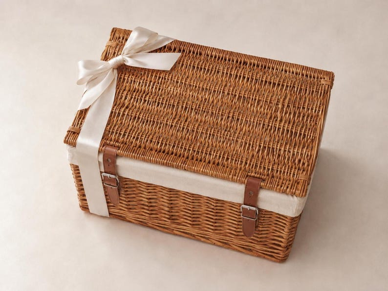 A closed brown woven wicker basket with a white liner, two brown leather straps with metal buckles, and a white satin ribbon tied in a bow on top.