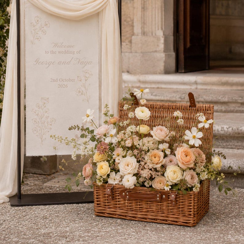Large wicker wedding hamper filled with romantic flowers beside a wedding welcome sign, styled as rustic wedding décor for an outdoor venue entrance.