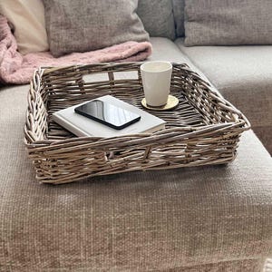 Square Wicker Rattan Serving Tray with Handles - Large Wooden Tea Drinks Breakfast Tray | New Home Gift for Host Hostess | Rustic Home Decor