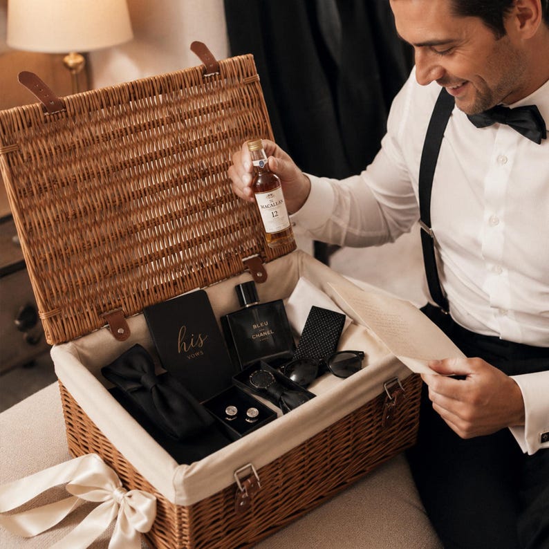 Groom opening a wicker wedding gift hamper filled with men’s wedding accessories, making a thoughtful groom gift, best man gift or wedding morning keepsake basket.