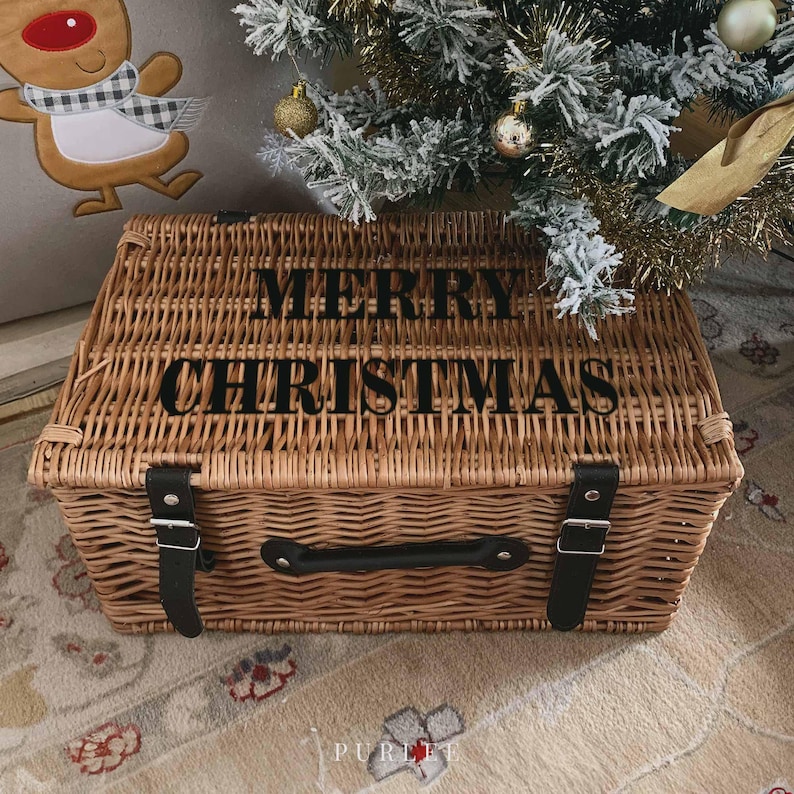 Personalised Christmas Gift Hamper - Merry Christmas Eve Gift Box Kids Childrens Xmas Gift Box - Empty Wicker Basket Keepsake