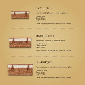 Wicker wedding hamper size guide showing small, medium and large personalised baskets with measurements for card boxes, keepsakes, gifts and wedding storage.