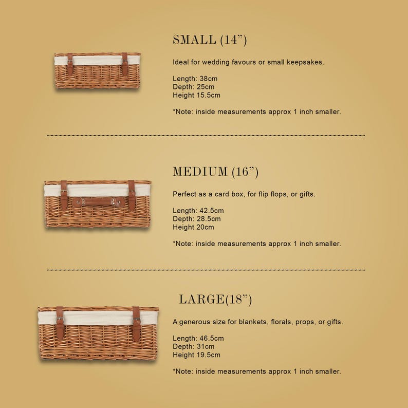Wicker wedding hamper size guide showing small, medium and large personalised baskets with measurements for card boxes, keepsakes, gifts and wedding storage.