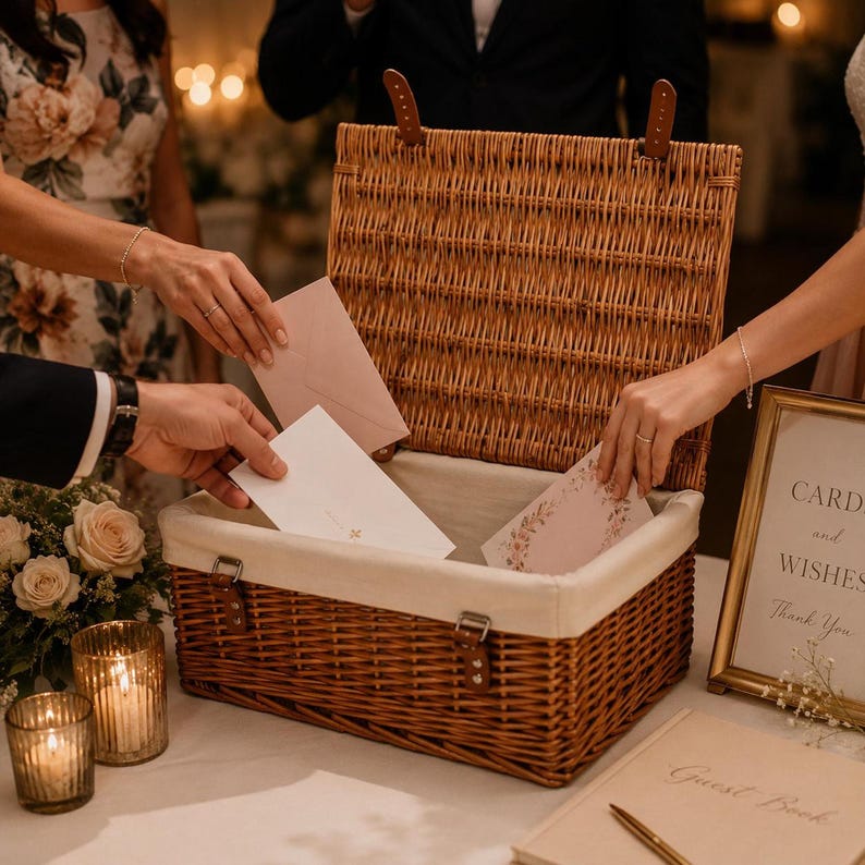 People placing greeting cards into an open wicker basket on a table decorated with candles, flowers, and a sign that reads card and wishes.