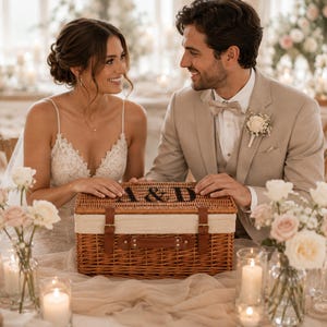 Bride and groom beside a closed wicker wedding keepsake hamper, showing the basket as a stylish newlywed gift, wedding prop and reusable memory box.