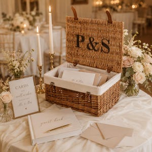 Personalised wicker wedding card box with couple initials beside an ivory guest book, candles and wedding décor, ideal for collecting cards from wedding guests.