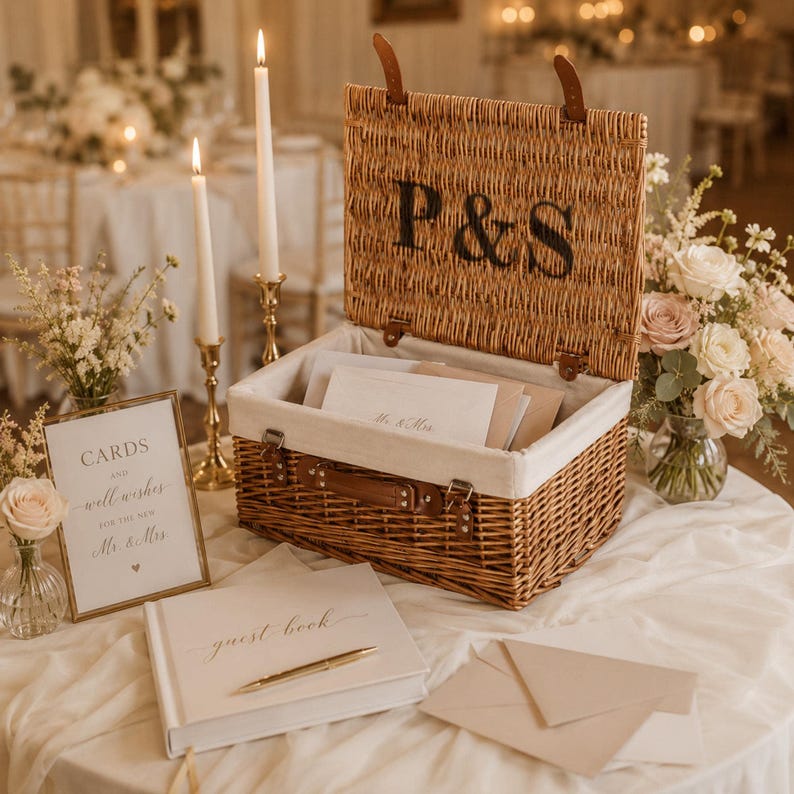 Personalised wicker wedding card box with couple initials beside an ivory guest book, candles and wedding décor, ideal for collecting cards from wedding guests.