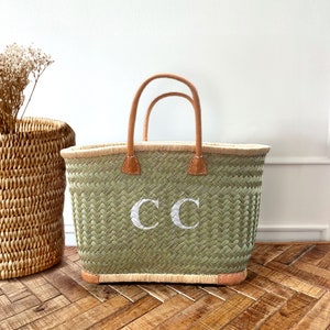 Personalised Beach Bag with Initials, Natural Shopping Bag Straw Market Basket - Womens Gift for Mum, Nan, Sister - Summer Gift for Her
