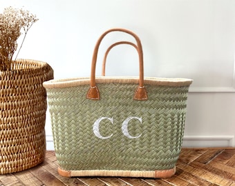 Personalised Beach Bag with Initials, Natural Shopping Bag Straw Market Basket - Womens Gift for Mum, Nan, Sister - Summer Gift for Her