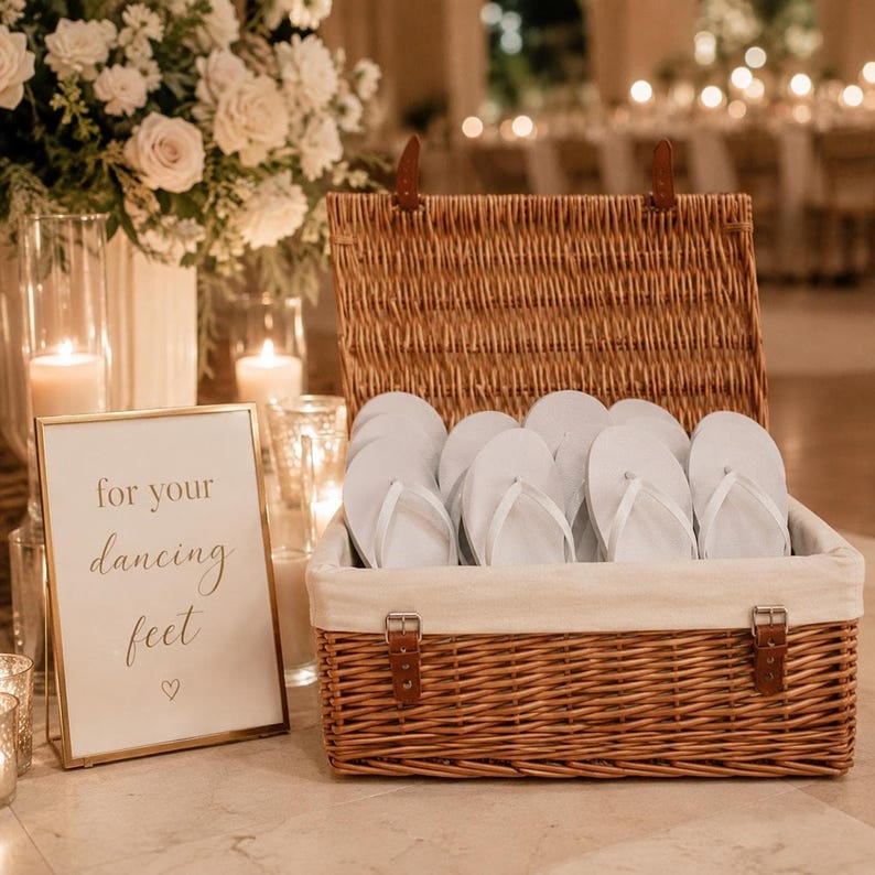 Large cream-lined wicker wedding basket filled with white flip flops for reception guests, ideal as a dancing shoes basket or practical wedding reception décor.