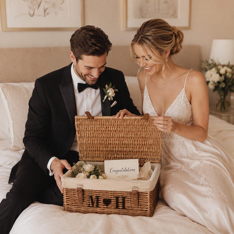 Bride and groom opening a personalised wicker wedding memory box, a thoughtful newlywed gift hamper for storing cards, photographs and keepsakes after the wedding.