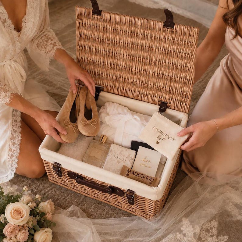 Two people unpacking an open wicker basket filled with items including folded white fabric, a perfume bottle, a small pouch labeled emergency kit, and tan flats.