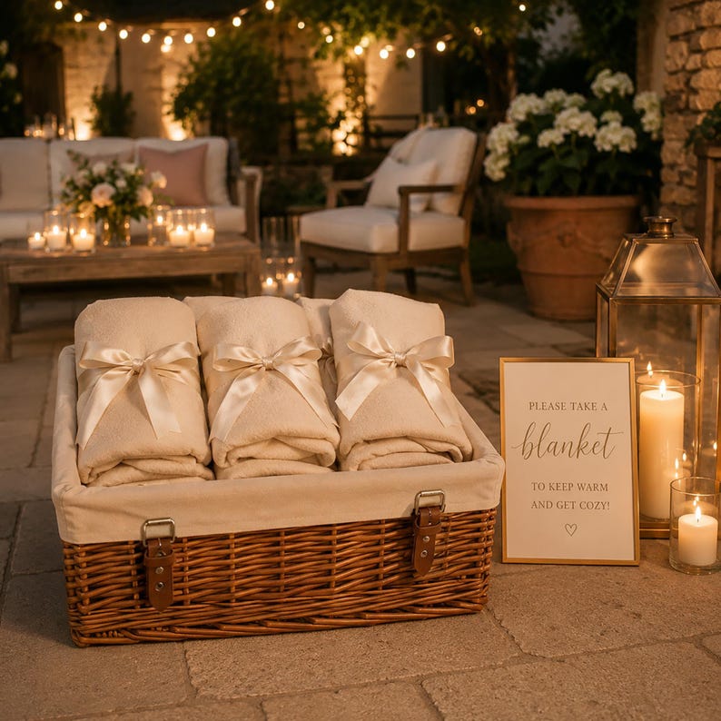 Large wicker wedding basket filled with rolled cream blankets tied with ribbon, styled as a wedding blanket basket for guests at an outdoor or autumn wedding.