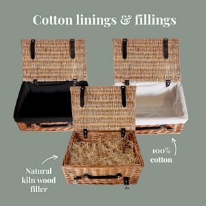 May include: Wicker picnic baskets with black, white, and natural cotton linings. The baskets have leather straps and handles. The text "Cotton linings & fillings" is at the top of the image. One basket is filled with natural kiln wood filler.