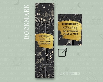Marcapáginas "Apegado emocionalmente a personajes ficticios" (2 x 8 pulgadas) con estrellas celestiales, luna y zodíaco. Booktok, Bookstagram y Night Court.