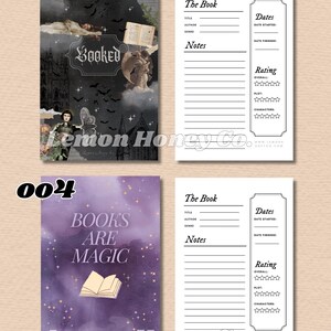 Puede incluir: Dos p&aacute;ginas de diario de libros. Una presenta un tema g&oacute;tico oscuro con la palabra "Booked". La otra tiene un fondo de acuarela p&uacute;rpura con las palabras "Books Are Magic". Ambas p&aacute;ginas tienen secciones para t&iacute;tulo, autor, notas, fechas y calificaciones.