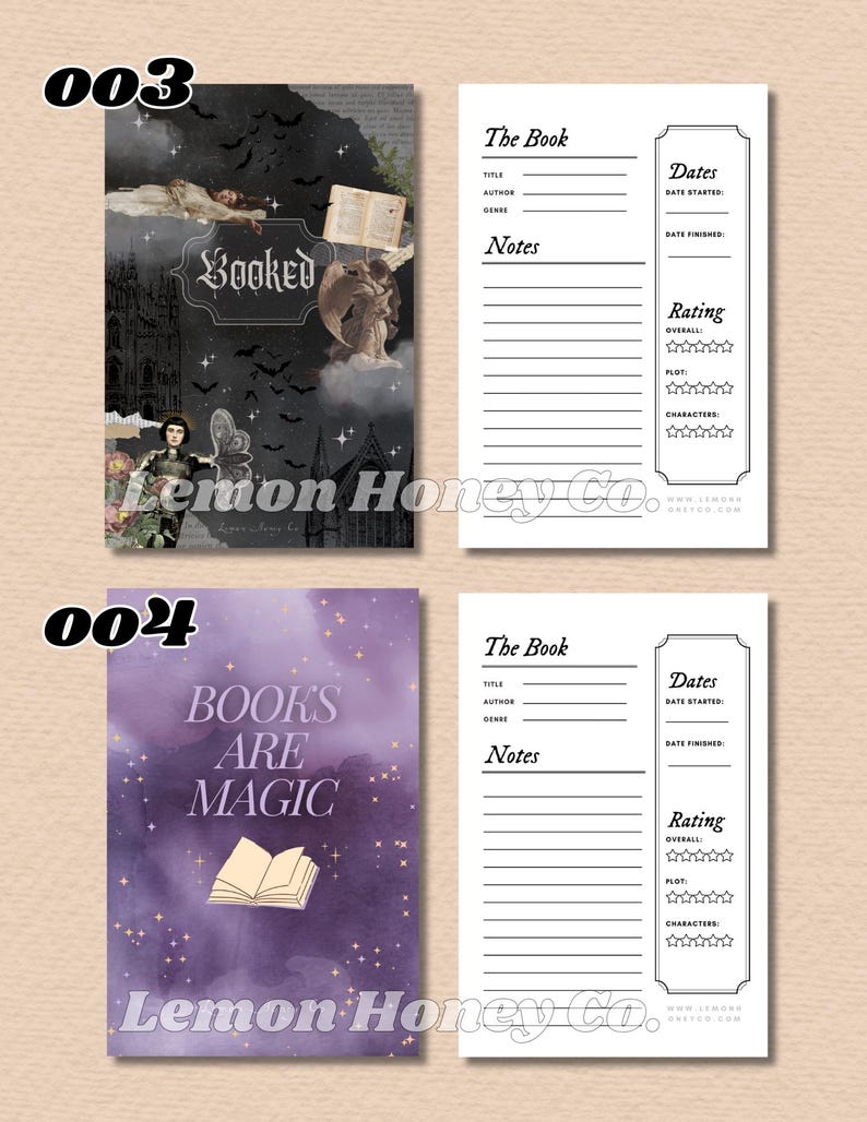 Puede incluir: Dos p&aacute;ginas de diario de libros. Una presenta un tema g&oacute;tico oscuro con la palabra "Booked". La otra tiene un fondo de acuarela p&uacute;rpura con las palabras "Books Are Magic". Ambas p&aacute;ginas tienen secciones para t&iacute;tulo, autor, notas, fechas y calificaciones.