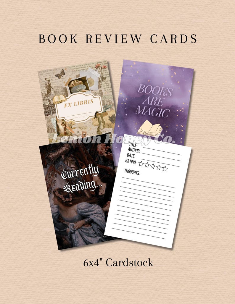 Puede incluir: Cuatro tarjetas de rese&ntilde;as de libros con dise&ntilde;os vintage. Una tarjeta presenta el texto "EX LIBRIS", otra dice "BOOKS ARE MAGIC", y una tercera dice "Currently Reading...". La cuarta tarjeta es una plantilla para t&iacute;tulo, autor, fecha, calificaci&oacute;n y pensamientos. Las tarjetas miden 15,24 x 10,16 cm.
