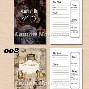 Puede incluir: Dos dise&ntilde;os de diarios de libros. El primero presenta una pintura vintage con el texto &laquo;Currently Reading...&raquo;. El segundo tiene un dise&ntilde;o de collage con el texto &laquo;EX LIBRIS&raquo;. Ambos incluyen p&aacute;ginas para detalles y valoraciones de libros.