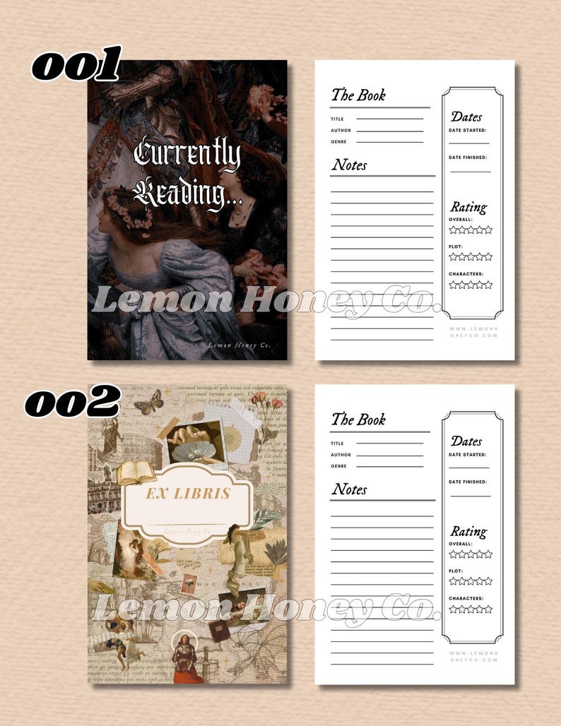 Puede incluir: Dos dise&ntilde;os de diarios de libros. El primero presenta una pintura vintage con el texto &laquo;Currently Reading...&raquo;. El segundo tiene un dise&ntilde;o de collage con el texto &laquo;EX LIBRIS&raquo;. Ambos incluyen p&aacute;ginas para detalles y valoraciones de libros.