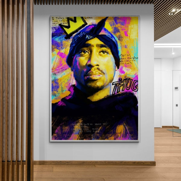 Beau portrait contemporain de rappeur graffiti et pop art - Tupac Shakur, toile / papier, décoration murale