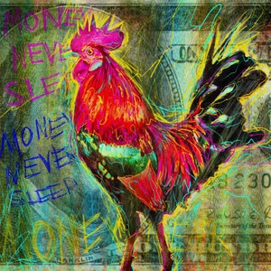 Fine Contemporary Graffiti Pop Art Rooster – Money Never Sleeps, Tela / Carta, Decorazioni artistiche murali