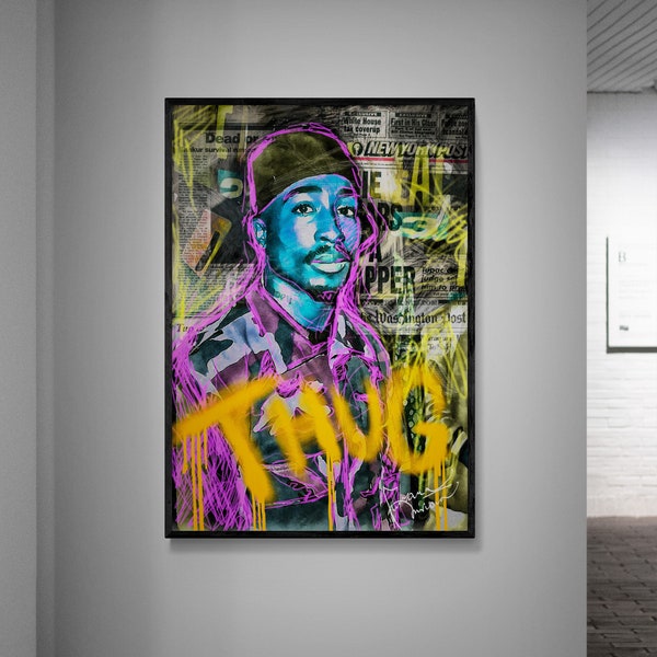 Fine Contemporary Graffiti & Pop Art Rapper Portrait – Tupac Shakur, Toile / Papier, Décoration d’art mural