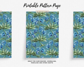 Blue & Green Printable A4 Pattern Sheet, Botanical Stationery, Decorative Bullet Journal Paper, Instant Download