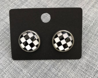 Chequered Stud Earrings, Motorsport Jewellery, F1 Earrings, Studs, Earrings, Checked Stud Earrings, Checked Earrings