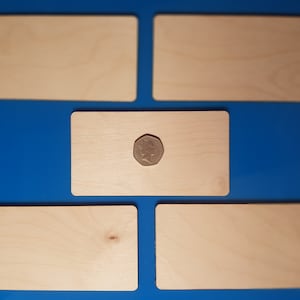 Op de afbeelding: Vijf rechthoekige houten plaquettes, waarvan vier leeg zijn en één met een zilveren munt in het midden.