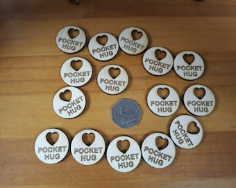 15 x little hug token, pocket hug wood engraved love thank you gift