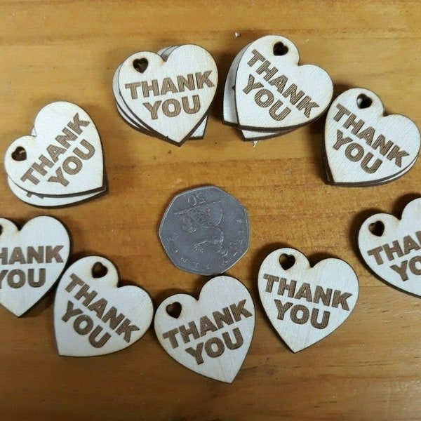 20 x petit jeton merci, Pocket Heart Wood gravé Love Thank You Gift