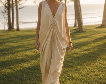 Luna Élan Maxi Wedding Dress | Ivory Acetate Blend Draped Gown | Minimalist Scandinavian Style