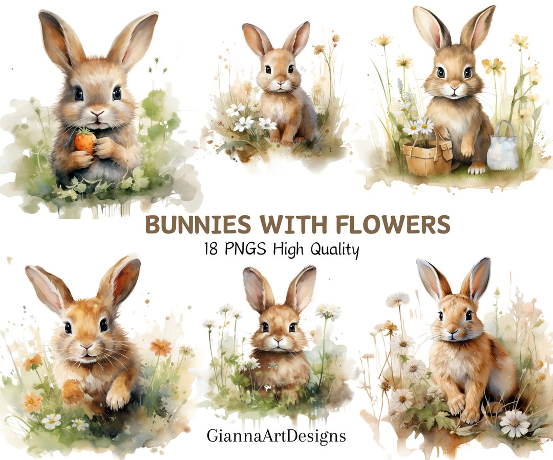 Watercolor Bunny and Flowers Clipart: Cute Rabbit PNG, Floral ...